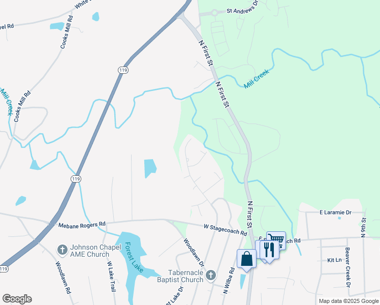 map of restaurants, bars, coffee shops, grocery stores, and more near 1010 North Carr Street in Mebane