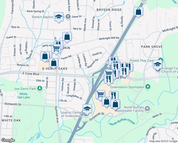 map of restaurants, bars, coffee shops, grocery stores, and more near 1804 Whitman Road in Greensboro