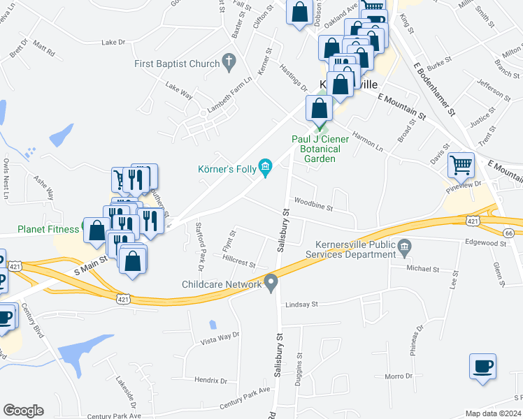 map of restaurants, bars, coffee shops, grocery stores, and more near 118 Pineview Drive in Kernersville