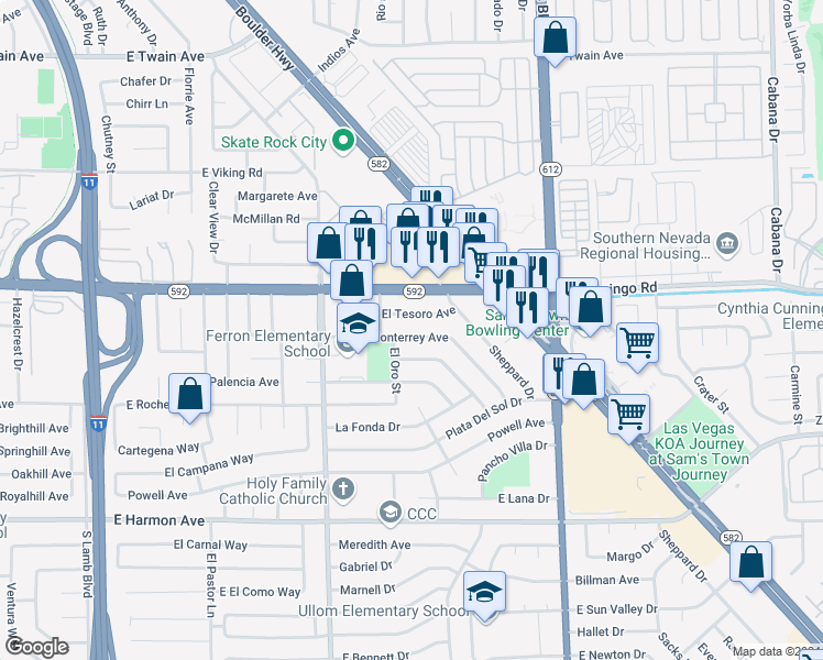 map of restaurants, bars, coffee shops, grocery stores, and more near 4754 Monterrey Avenue in Las Vegas