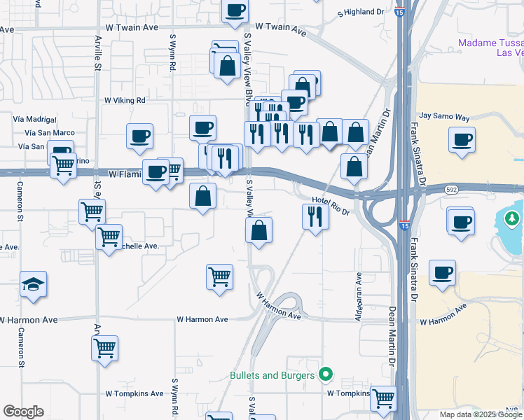 map of restaurants, bars, coffee shops, grocery stores, and more near 4200 South Valley View Boulevard in Las Vegas