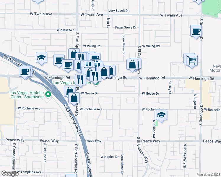 map of restaurants, bars, coffee shops, grocery stores, and more near 9179 West Flamingo Road in Las Vegas