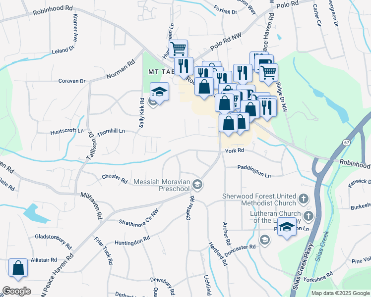 map of restaurants, bars, coffee shops, grocery stores, and more near 3461 York Road in Winston-Salem