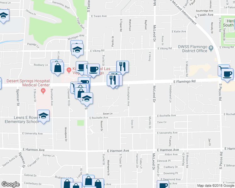 map of restaurants, bars, coffee shops, grocery stores, and more near 4155 East Flamingo Road in Las Vegas