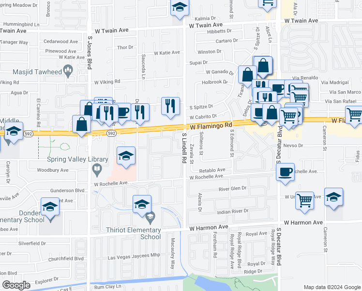 map of restaurants, bars, coffee shops, grocery stores, and more near 5525 West Flamingo Road in Las Vegas