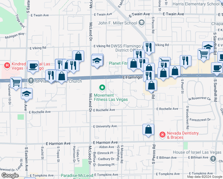 map of restaurants, bars, coffee shops, grocery stores, and more near 3145 East Flamingo Road in Las Vegas