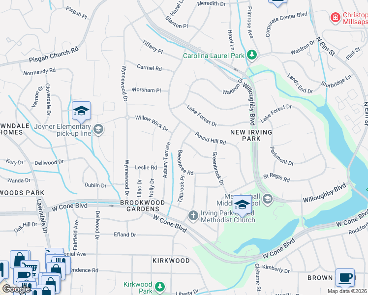 map of restaurants, bars, coffee shops, grocery stores, and more near 1614 Saint Francis Road in Greensboro