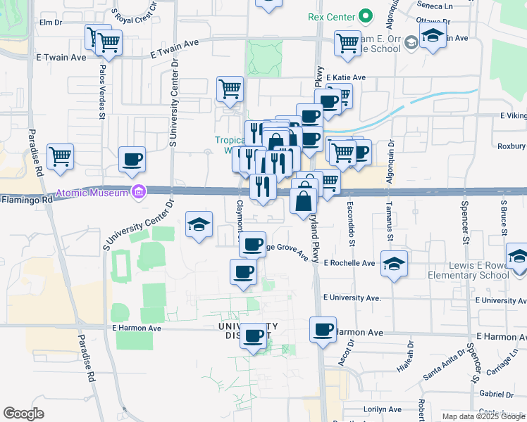 map of restaurants, bars, coffee shops, grocery stores, and more near 1055 East Flamingo Road in Las Vegas