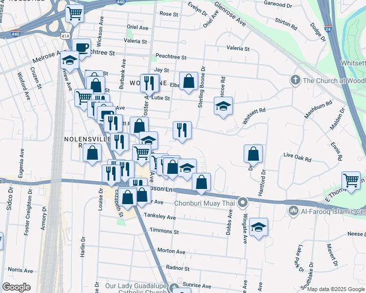 map of restaurants, bars, coffee shops, grocery stores, and more near 213 Whitsett Road in Nashville