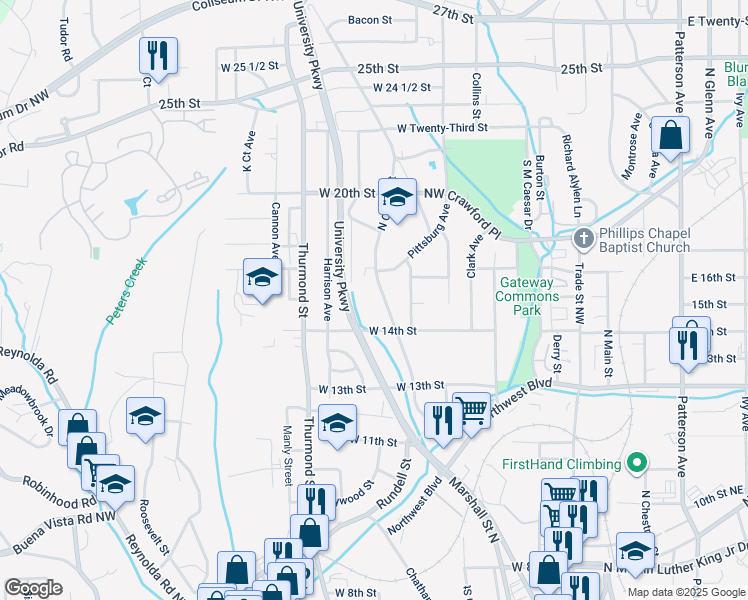 map of restaurants, bars, coffee shops, grocery stores, and more near 1447 North Cherry Street in Winston-Salem