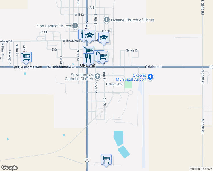 map of restaurants, bars, coffee shops, grocery stores, and more near 200-212 South 6th Street in Okeene