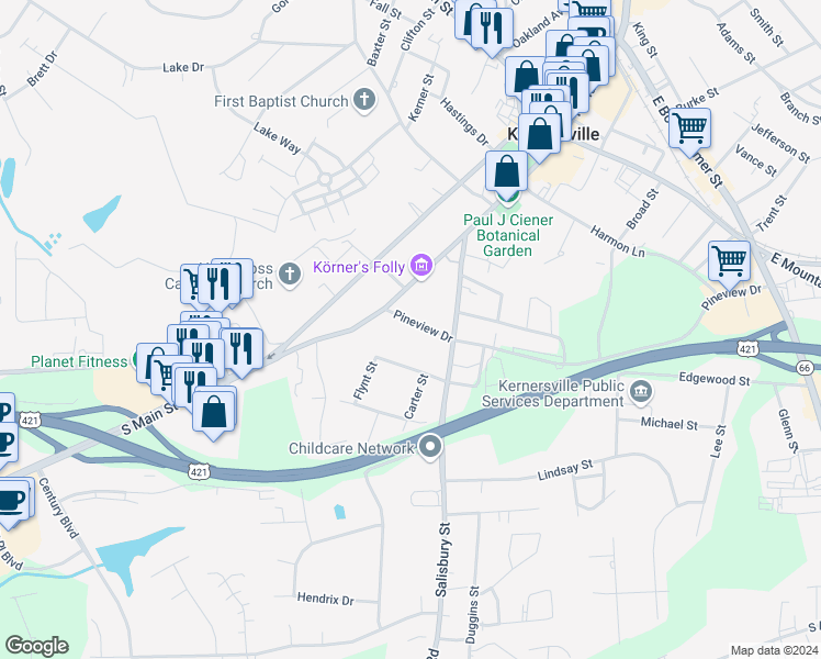 map of restaurants, bars, coffee shops, grocery stores, and more near 112 Pineview Drive in Kernersville