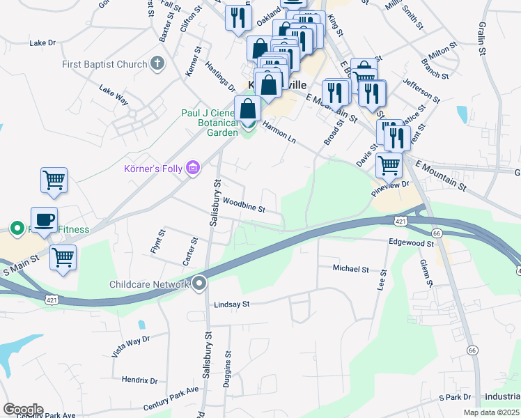 map of restaurants, bars, coffee shops, grocery stores, and more near Woodbine St in Kernersville