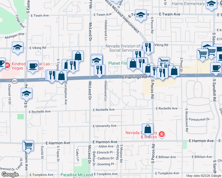 map of restaurants, bars, coffee shops, grocery stores, and more near 3145 East Flamingo Road in Las Vegas