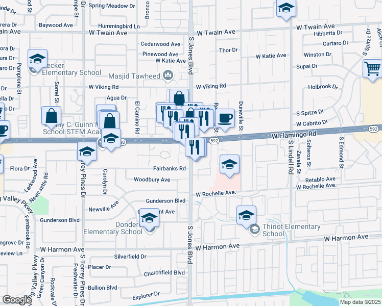 map of restaurants, bars, coffee shops, grocery stores, and more near Nevada 596 in Las Vegas