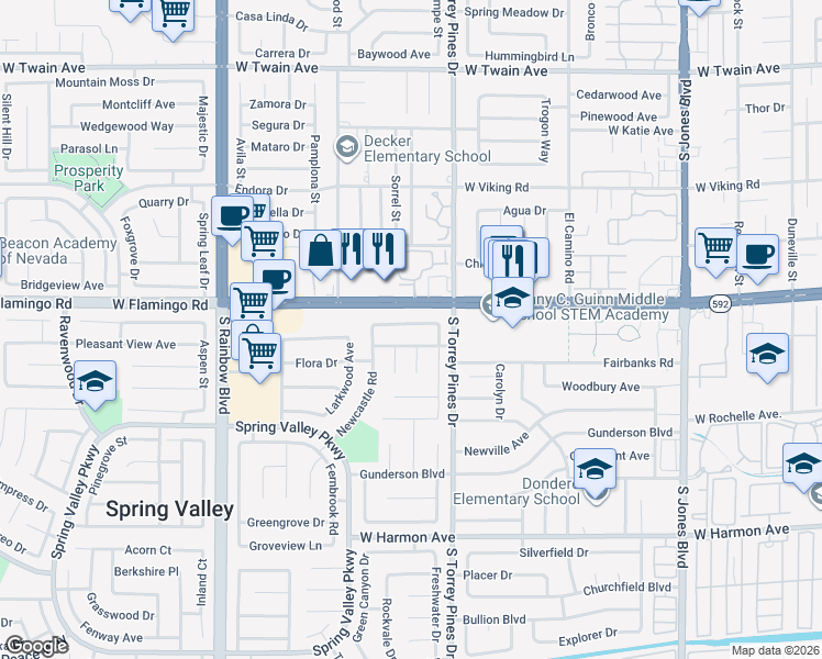 map of restaurants, bars, coffee shops, grocery stores, and more near 6575 Ellerhurst Drive in Las Vegas