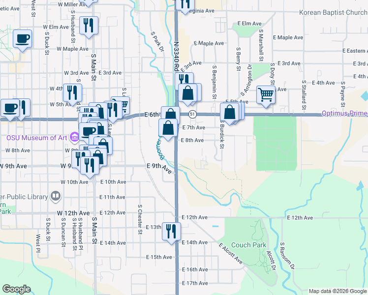 map of restaurants, bars, coffee shops, grocery stores, and more near 813 South Perkins Road in Stillwater