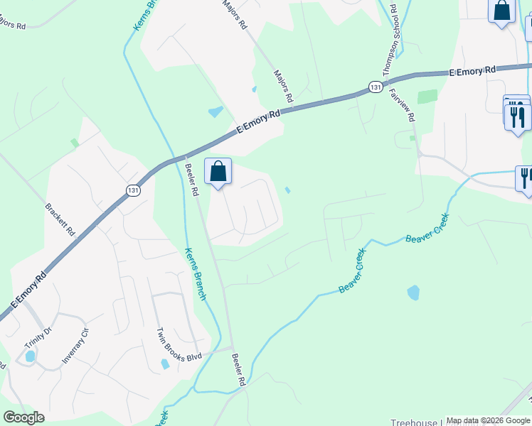 map of restaurants, bars, coffee shops, grocery stores, and more near 7429 Praise Lane in Knoxville