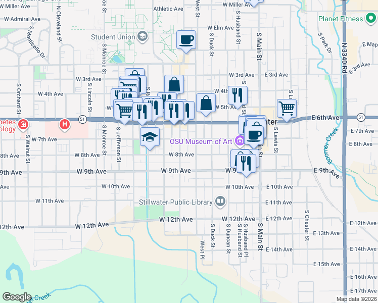 map of restaurants, bars, coffee shops, grocery stores, and more near 711 South Knoblock Street in Stillwater