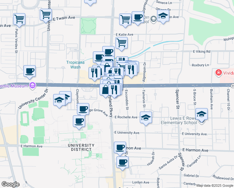 map of restaurants, bars, coffee shops, grocery stores, and more near 4110 South Maryland Parkway in Las Vegas