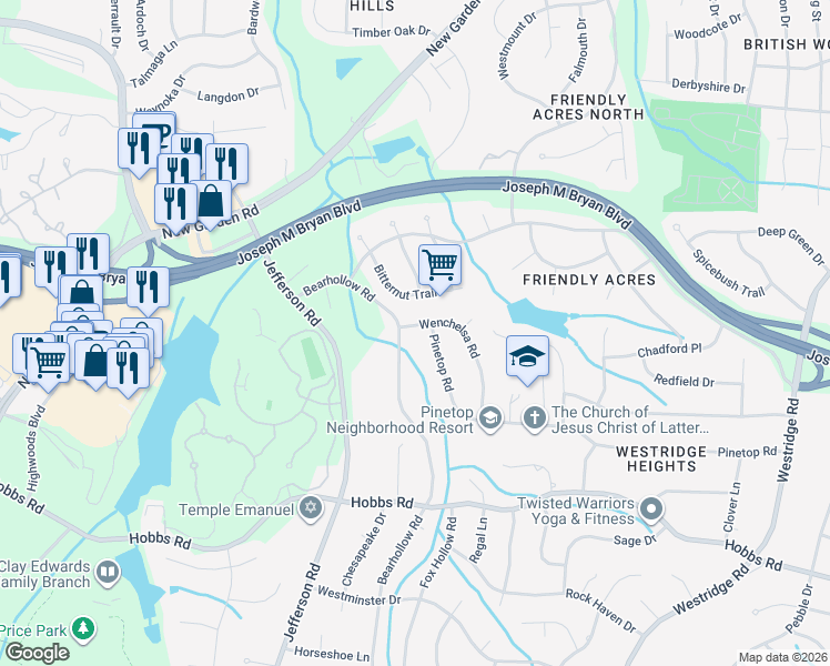 map of restaurants, bars, coffee shops, grocery stores, and more near 1604 Wenchelsa Road in Greensboro