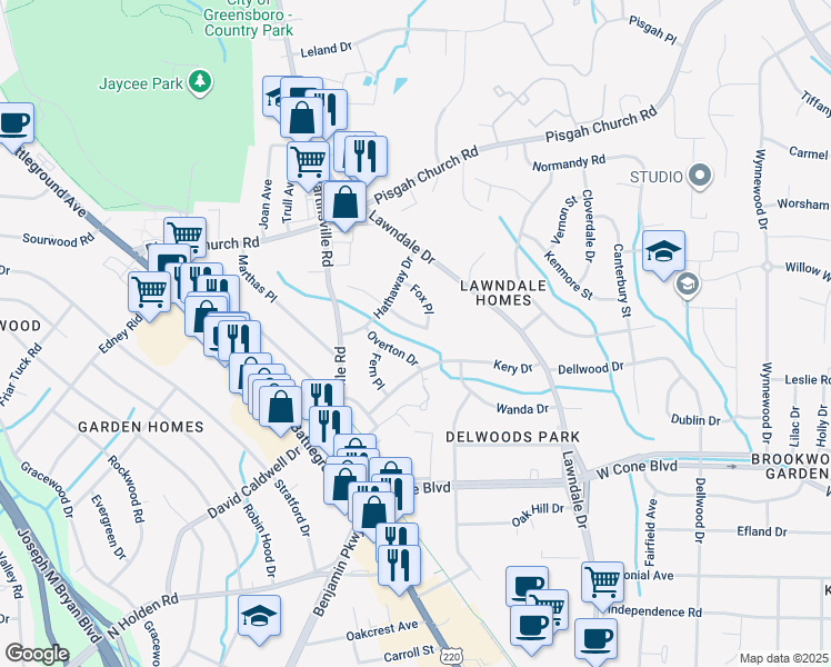 map of restaurants, bars, coffee shops, grocery stores, and more near 2303 Running Brook Drive in Greensboro