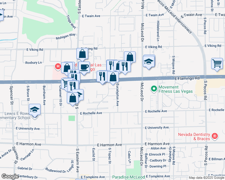 map of restaurants, bars, coffee shops, grocery stores, and more near 4155 East Flamingo Road in Las Vegas