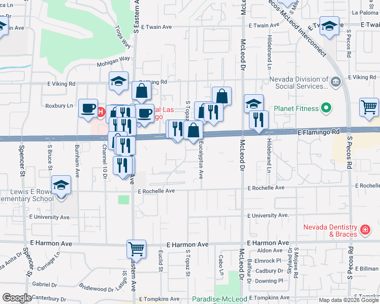 map of restaurants, bars, coffee shops, grocery stores, and more near 4155 East Flamingo Road in Las Vegas