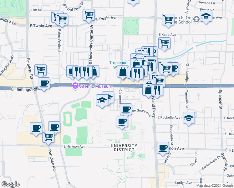 map of restaurants, bars, coffee shops, grocery stores, and more near 969 East Flamingo Road in Las Vegas