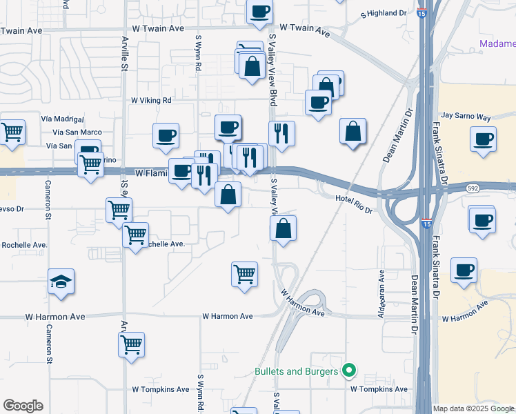 map of restaurants, bars, coffee shops, grocery stores, and more near 3821 West Flamingo Road in Las Vegas