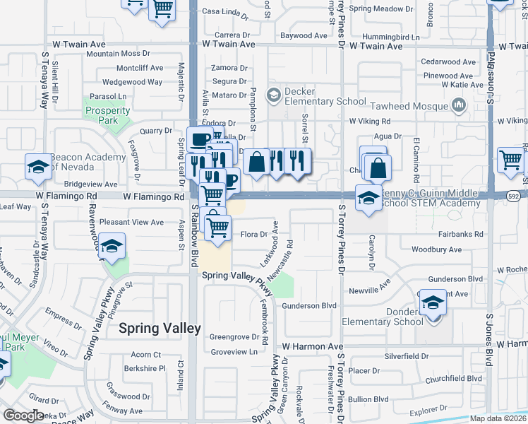 map of restaurants, bars, coffee shops, grocery stores, and more near 6685 West Flamingo Road in Las Vegas