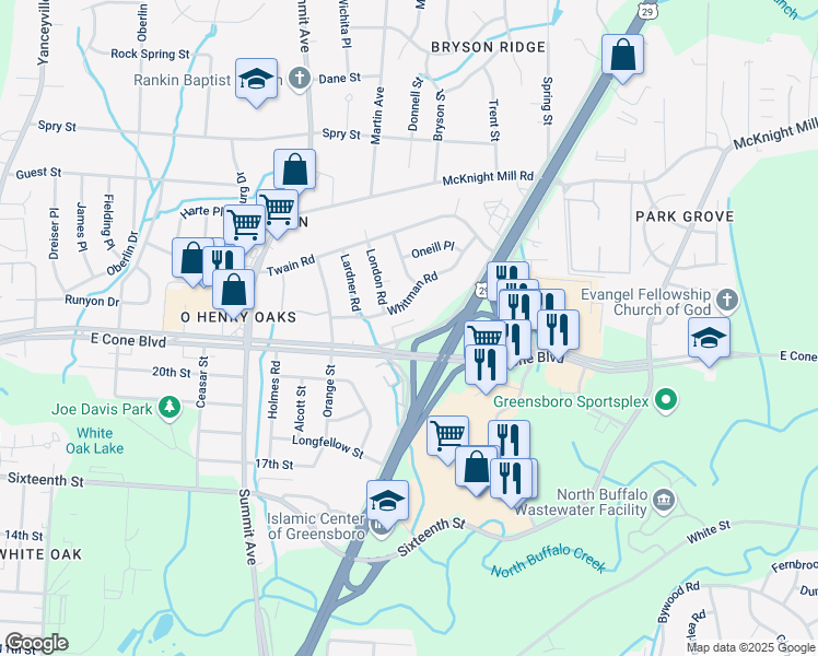 map of restaurants, bars, coffee shops, grocery stores, and more near 1727 East Cone Boulevard in Greensboro