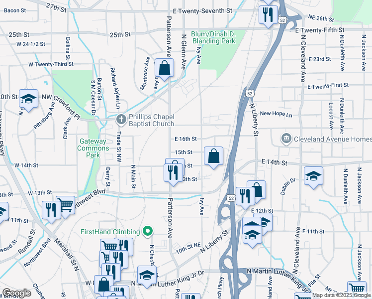 map of restaurants, bars, coffee shops, grocery stores, and more near 327 East 15th Street in Winston-Salem