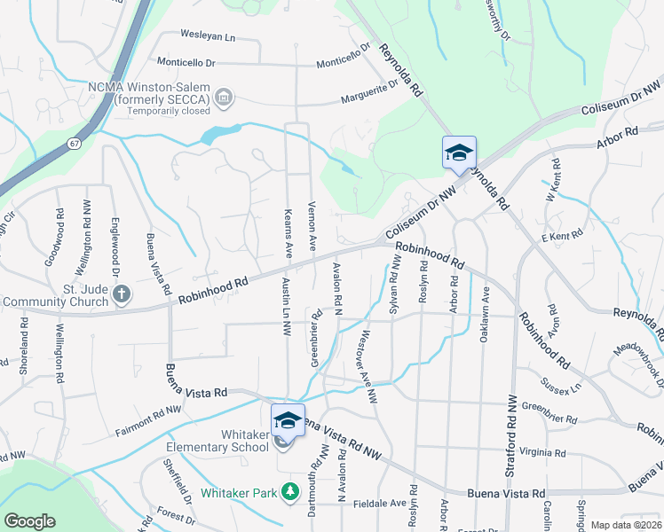 map of restaurants, bars, coffee shops, grocery stores, and more near 2568 Robinhood Road in Winston-Salem