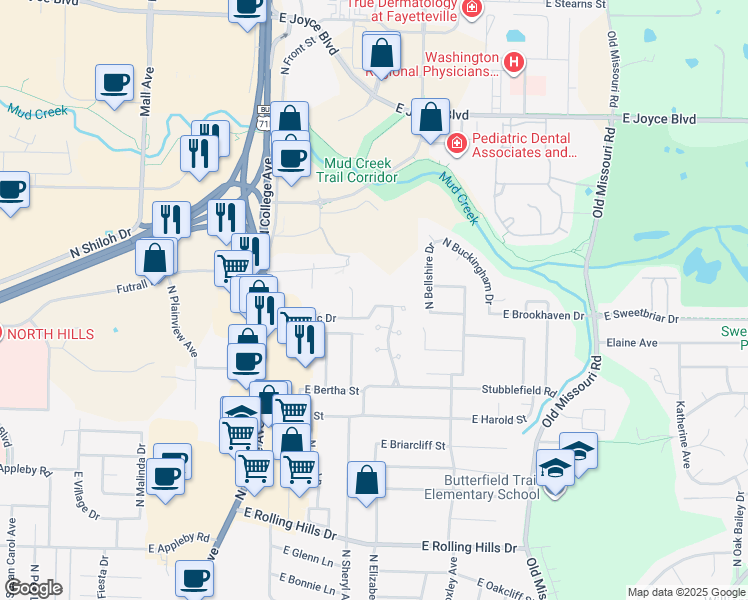 map of restaurants, bars, coffee shops, grocery stores, and more near 1360 East Masonic Drive in Fayetteville