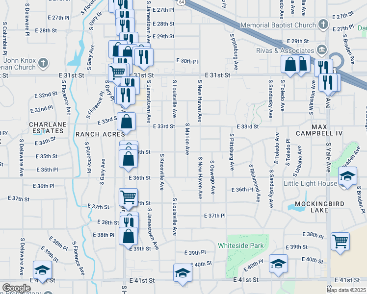 map of restaurants, bars, coffee shops, grocery stores, and more near 3331 South Louisville Avenue in Tulsa