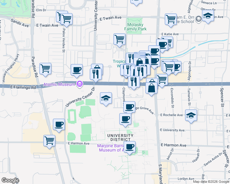 map of restaurants, bars, coffee shops, grocery stores, and more near 939 East Flamingo Road in Las Vegas