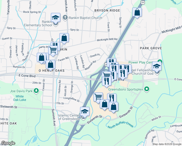 map of restaurants, bars, coffee shops, grocery stores, and more near 1727 East Cone Boulevard in Greensboro