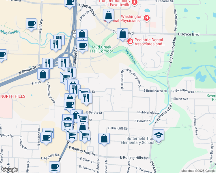 map of restaurants, bars, coffee shops, grocery stores, and more near 1360 East Masonic Drive in Fayetteville