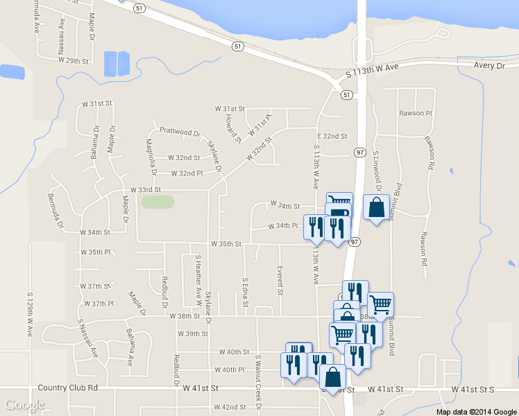 map of restaurants, bars, coffee shops, grocery stores, and more near 112 West 34th Street in Sand Springs