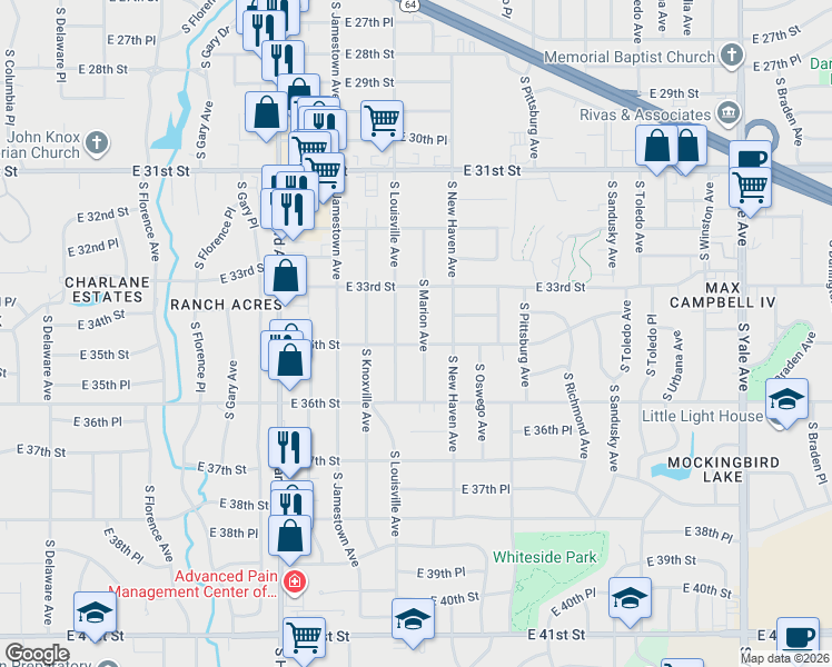 map of restaurants, bars, coffee shops, grocery stores, and more near 3331 South Louisville Avenue in Tulsa