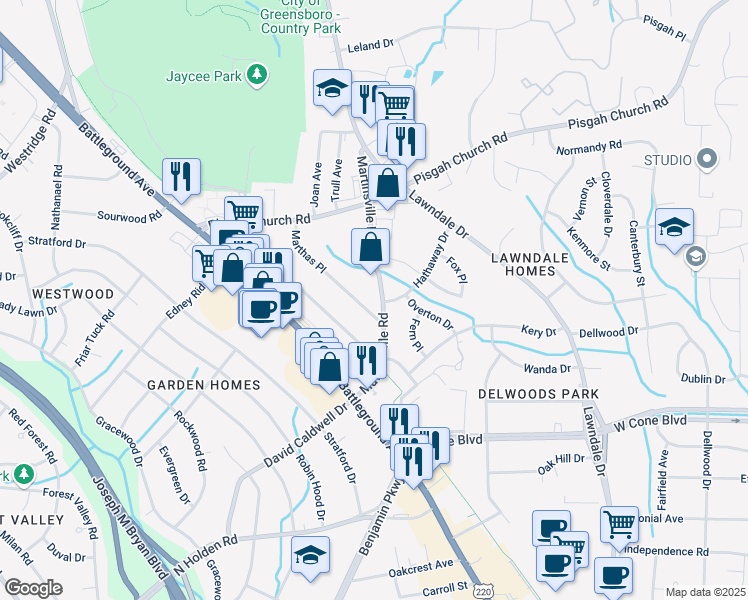 map of restaurants, bars, coffee shops, grocery stores, and more near 2914 Marthas Place in Greensboro