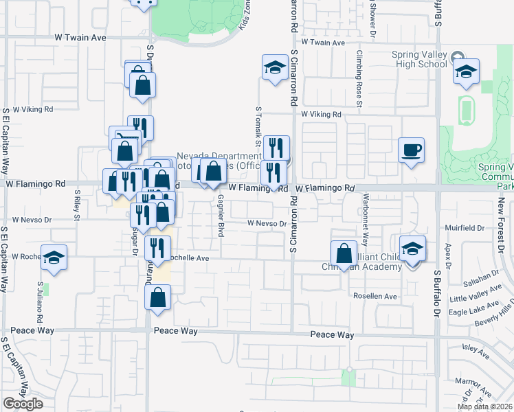 map of restaurants, bars, coffee shops, grocery stores, and more near 8301 West Flamingo Road in Las Vegas