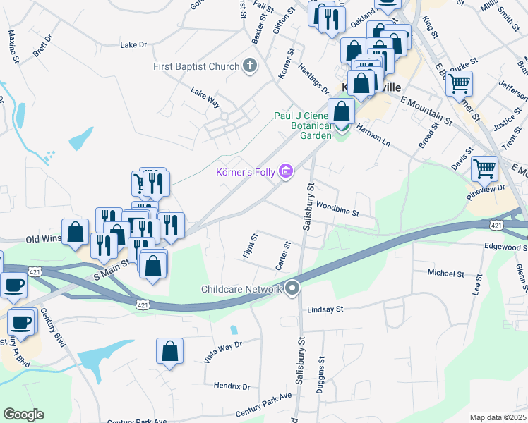 map of restaurants, bars, coffee shops, grocery stores, and more near 603 South Main Street in Kernersville
