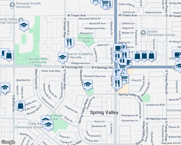 map of restaurants, bars, coffee shops, grocery stores, and more near 7154 Clearwater Avenue in Las Vegas