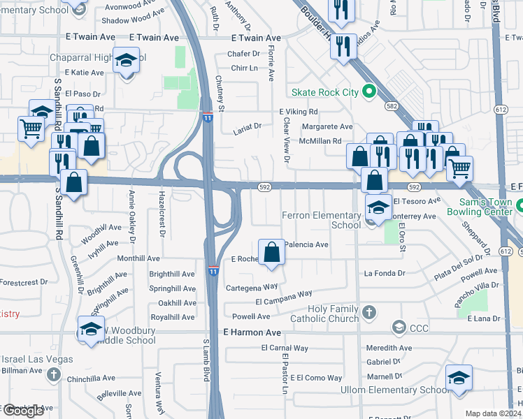 map of restaurants, bars, coffee shops, grocery stores, and more near 4165 Santa Terrasa Place in Las Vegas