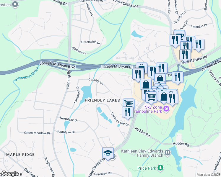 map of restaurants, bars, coffee shops, grocery stores, and more near 5608 Country Lane in Greensboro