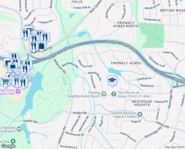 map of restaurants, bars, coffee shops, grocery stores, and more near 1503 Wenchelsa Road in Greensboro
