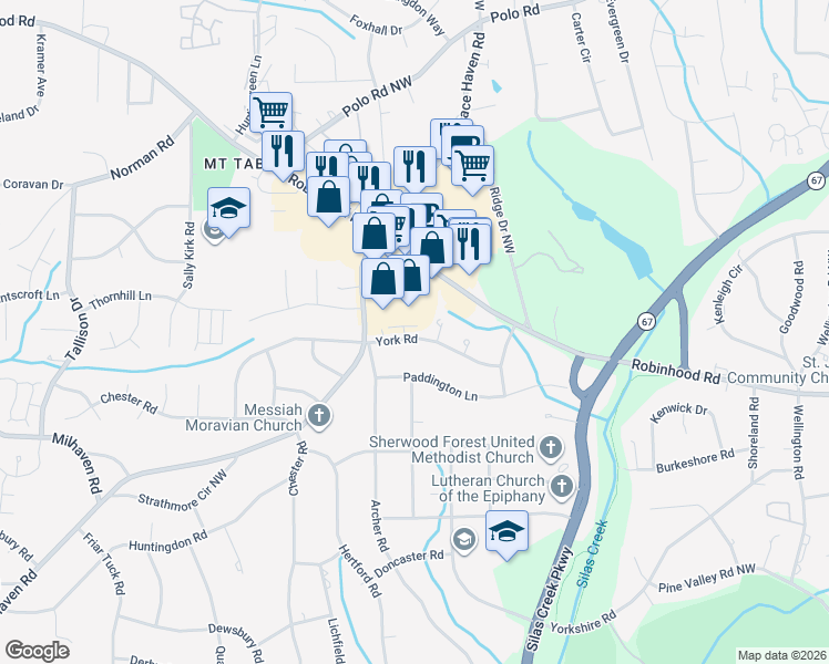 map of restaurants, bars, coffee shops, grocery stores, and more near 3347 York Road in Winston-Salem