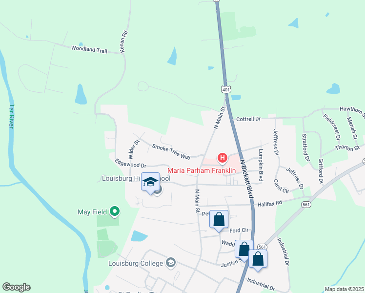 map of restaurants, bars, coffee shops, grocery stores, and more near 114 Smoke Tree Way in Louisburg